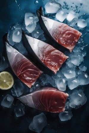 Slices of fresh tuna fish with ice cubes on dark blue background. Toned.の素材
