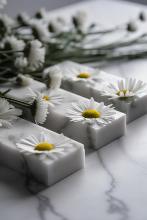 Handmade soap with chamomile flowers on white marble backgroundの素材
