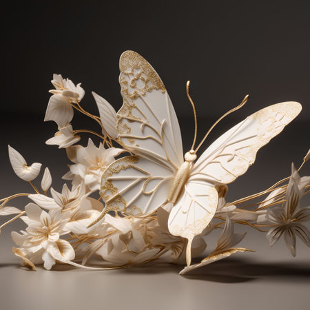 Beautiful butterfly and flowers on a dark background. 3d renderingの素材