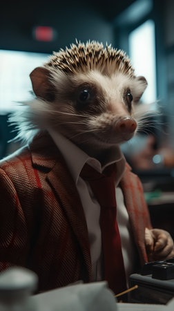Hedgehog in a business suit with a red tie on his neck.の素材