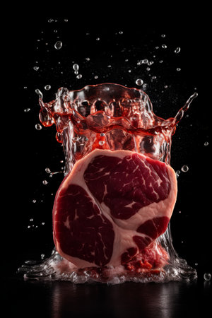 Raw ribeye steak with splashes of water on black background.の素材