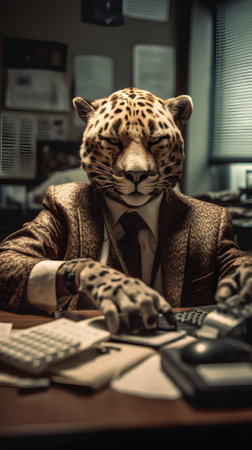 Leopard in a suit and tie sits at a desk in an officeの素材