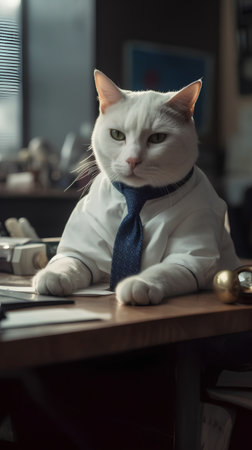 Portrait of white cat with blue tie sitting at table in officeの素材