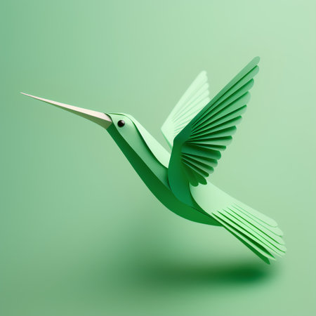 Green origami hummingbird on green background. 3D illustration.の素材