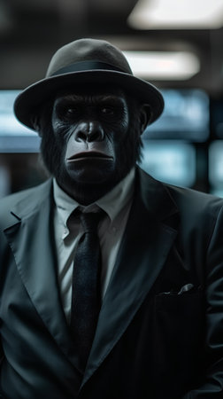 portrait of a gorilla in a suit and a hat at the airportの素材