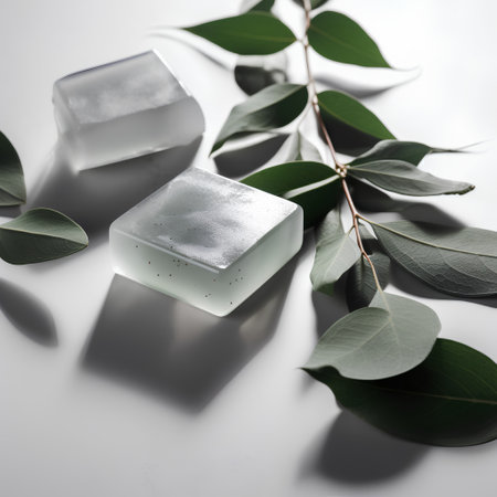 Eucalyptus leaves and ice cubes on a white backgroundの素材
