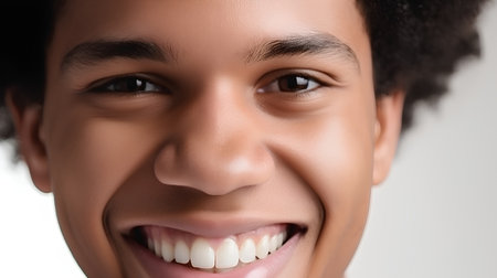 Closeup portrait of young african american man smiling at cameraの素材