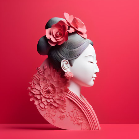 3d rendering of a Japanese geisha with a flower in her hairの素材