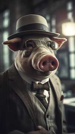 Portrait of a funny pig wearing a hat and a suit.の素材
