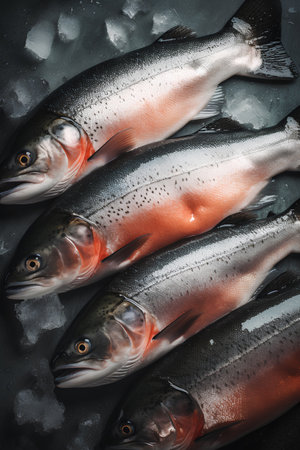 Raw salmon fish on black background. Top view. Toned.の素材