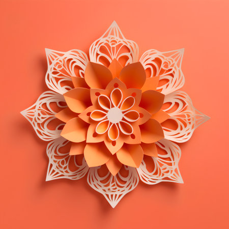 Paper cut flower mandala on orange background. 3d illustration.の素材
