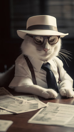 Funny cat wearing hat and eyeglasses sitting at table with moneyの素材