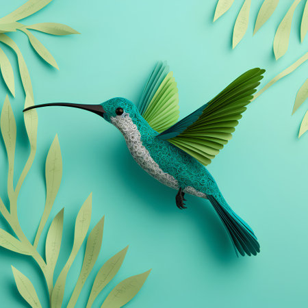 Cute hummingbird on green background with tropical leaves. 3d illustrationの素材