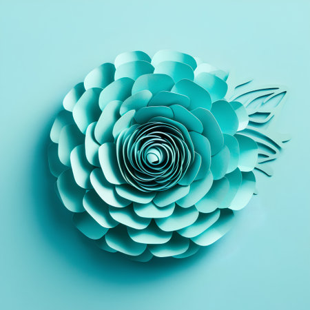 Paper flower on blue background. 3d rendering, 3d illustration.の素材