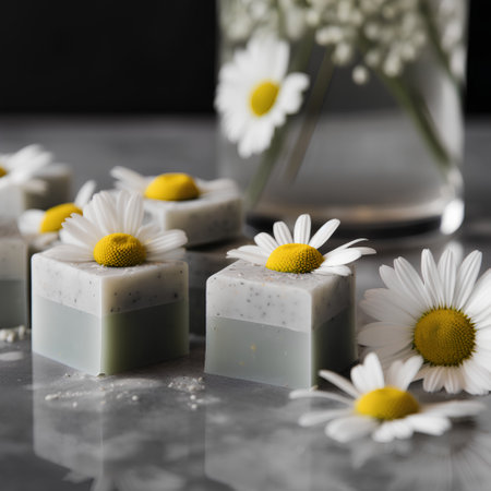 Natural handmade soap with chamomile flowers on a gray backgroundの素材