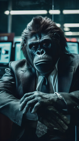 Portrait of a strong gorilla in a suit and tie sitting in an office.の素材