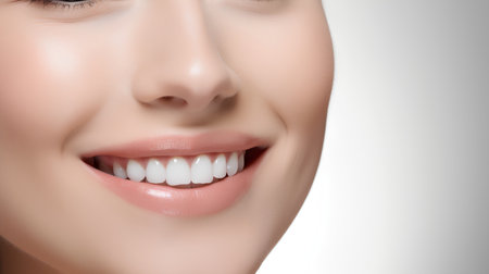 Beautiful young woman smile with healthy teeth. Teeth care concept.の素材