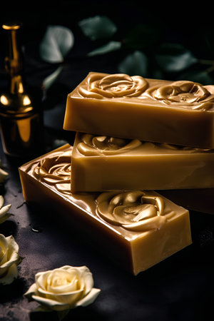 Natural handmade soap bars with rose flowers on a black background. Selective focus.の素材