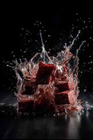 Pieces of raw meat in water splashes on a black backgroundの素材