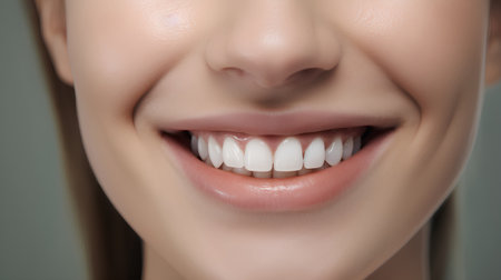 Close-up portrait of beautiful young woman with healthy teeth. Dental care concept.の素材