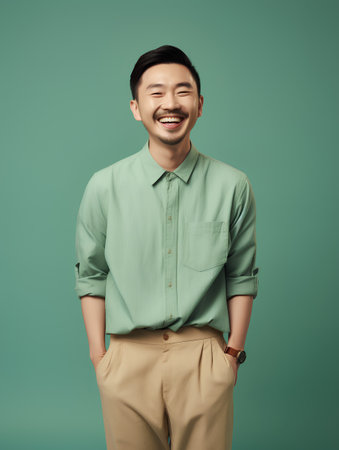 smiling asian man in shirt and pants posing on green backgroundの素材