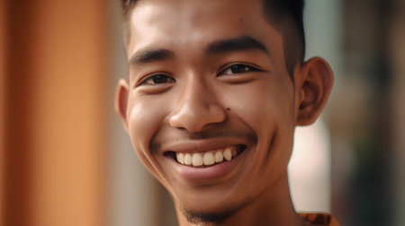 Portrait of a young handsome asian man smiling and looking at cameraの素材