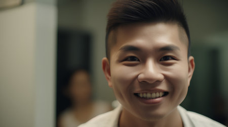 Young handsome asian man in bathrobe smiling and looking at the mirrorの素材