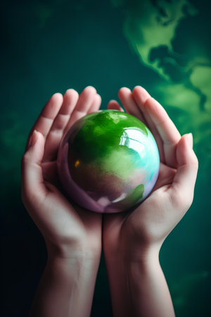 Hands holding a green planet earth in front of a green backgroundの素材