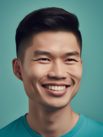 Portrait of young asian man smiling at camera over blue backgroundの素材