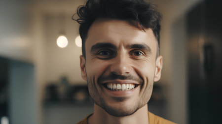 Close up portrait of handsome young man smiling and looking at camera.の素材