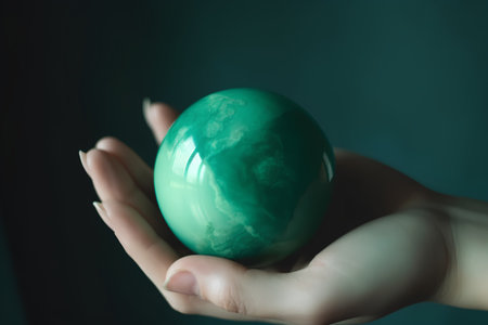 Female hand holding a green easter egg on a dark background.の素材