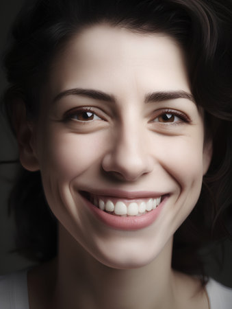 Closeup portrait of beautiful smiling young woman with white teeth, studio shotの素材