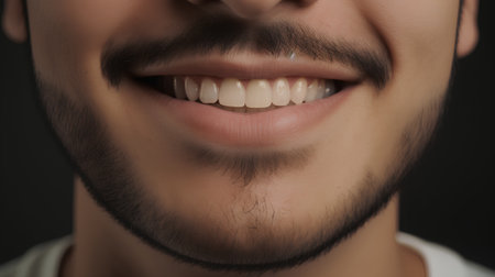 Young man with healthy teeth on dark background, closeup. Dental careの素材