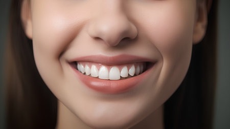 Closeup of beautiful smiling young woman with healthy teeth. Teeth care conceptの素材