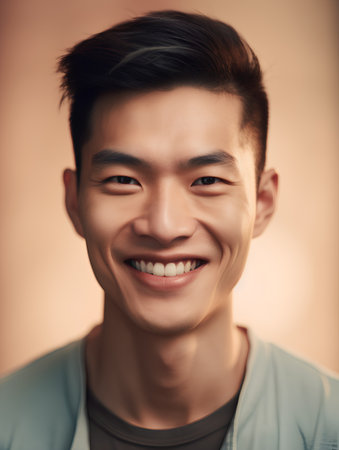 Portrait of a handsome young asian man smiling and looking at cameraの素材