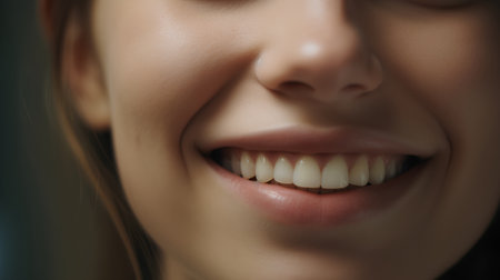 Closeup portrait of a smiling young woman with healthy teeth. Dental care concept.の素材