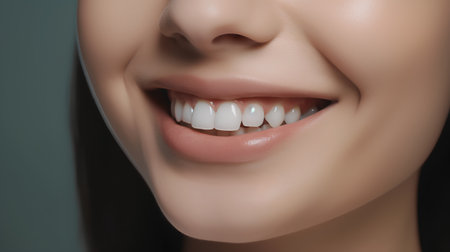Beautiful smile of a young woman with healthy white teeth. Teeth care concept.の素材