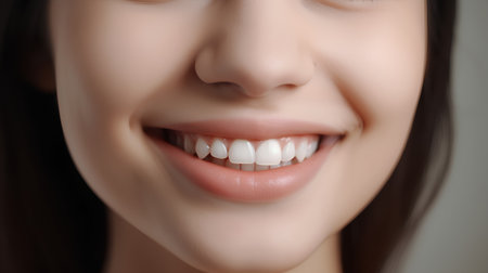 Beautiful young woman smile with white teeth. Studio shot. Close up.の素材