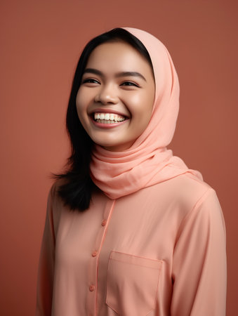 Portrait of happy asian muslim woman in hijab smiling at cameraの素材