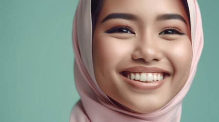 Portrait of beautiful Asian muslim woman smiling with white teeth.の素材