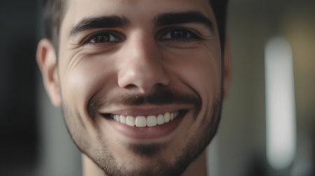 Close up portrait of a smiling young man with beard and mustache.の素材