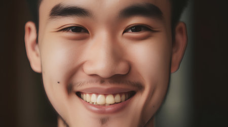 Smiling face of young asian man. Closeup portrait.の素材