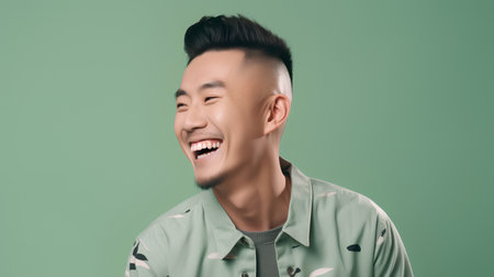 Portrait of a happy young asian man laughing while standing against green backgroundの素材