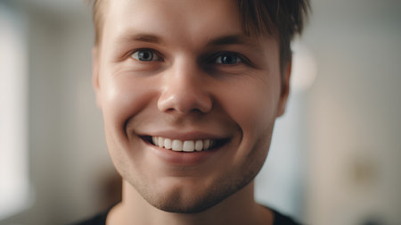 Close up portrait of a handsome young man smiling and looking at cameraの素材
