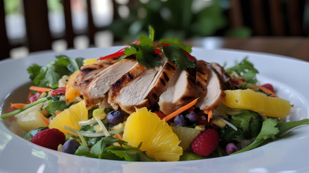 Salad with grilled chicken fillet, fresh fruits and vegetables.の素材