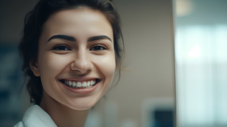 Portrait of a smiling young businesswoman looking at camera in officeの素材
