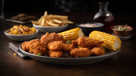 Crispy fried chicken nuggets with corn and french fries on wooden tableの素材