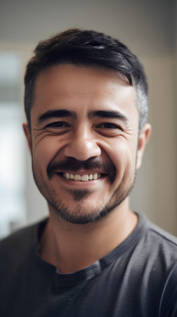 Portrait of a handsome young man with beard and mustache smiling at the cameraの素材