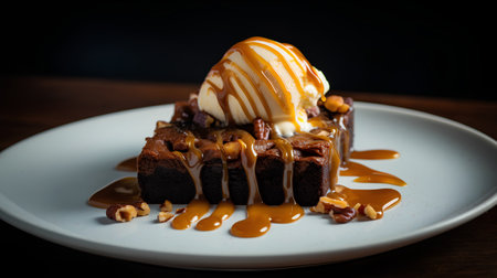 Chocolate brownies with ice cream and caramel sauce on wooden tableの素材