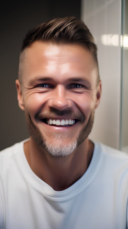 Portrait of a handsome young man in a white T-shirt.の素材